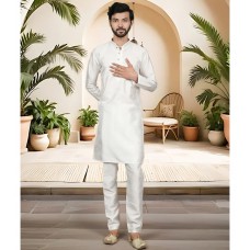 White Silk Straight Cut Men's Kurta Pajama