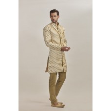 BEIGE JACQUARD KURTA AND PYJAMA PARTY WEAR MENS SUIT 