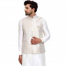 Cream Jamawar Textured Fancy Waistcoat for Men