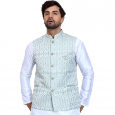 Light Green Jamawar Textured Waistcoat for Men