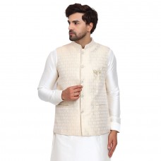 White Jamawar Classic Waistcoat for Men